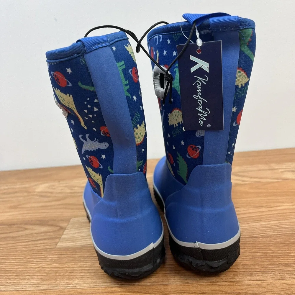 K Komforme Big Boys Size 2 Blue Neoprene Rain Boots Waterproof‎ Dinosaurs NEW